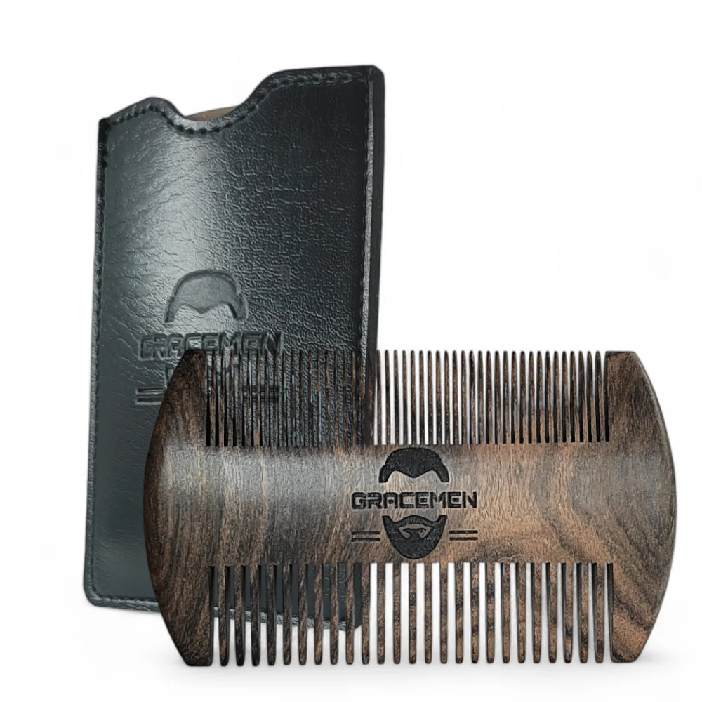 Gracemen Dual-Sided Sandalwood Beard Comb with PU Leather Case