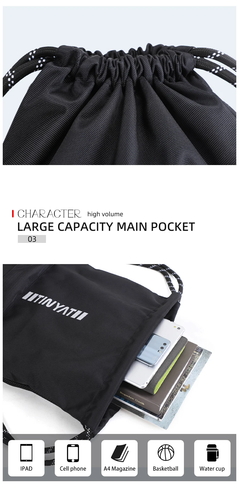 TINYAT Herren-Rucksack mit Kordelzug und verstellbaren Schultergurten, Sporttasche, leichte Polyester-Reisetasche für den täglichen Gebrauch – Detail 6