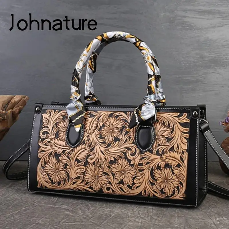 

Johnature Advanced Handmade Flower Carving Luxury Handbag 2024 New Genuine Leather Retro Women Bag Large Capacity Shoulder Bags
