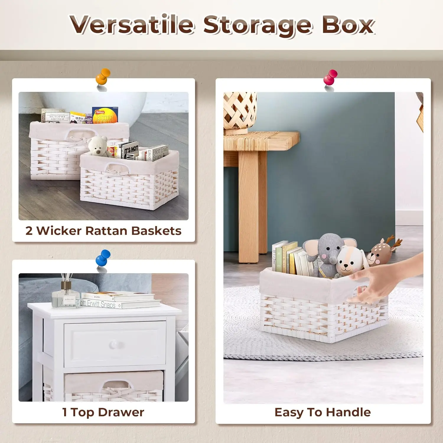 Fully Assembled Nightstand with 2 Rattan Wicker Baskets, Wooden Bedside Sofa Table, Mid Century Modern End Table for Bed