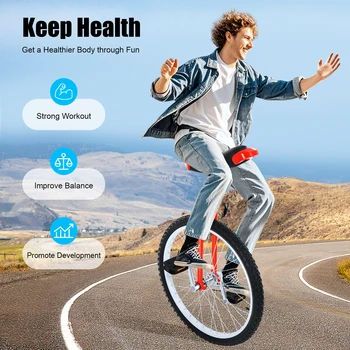 24-Inch Red Unicycle Bike One Wheel Bike, Outdoor Sports Wheel Exercise Cycling Bike, Seat Height Adjustable, Load Capacity 70KG