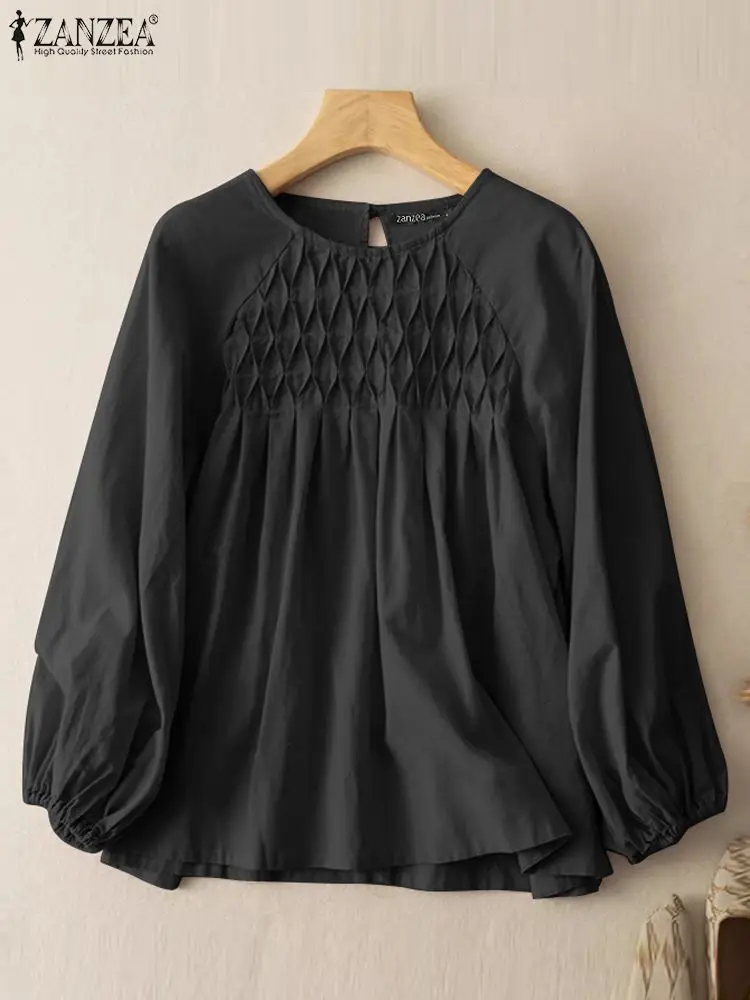 

Женская модная Праздничная блузка ZANZEA, повседневные плиссированные дизайнерские топы, Женская винтажная Однотонная рубашка с пышными рукавами, свободная рубашка большого размера