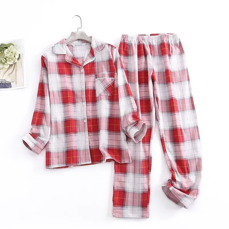 Cotton Flannel Women's Long Pants Pajamas Sets for Sleepwear Plaid Design Loose Autumn and Winter Long Sleeve Trouser Suits women pajamas set women pajama suit cotton pajamas set