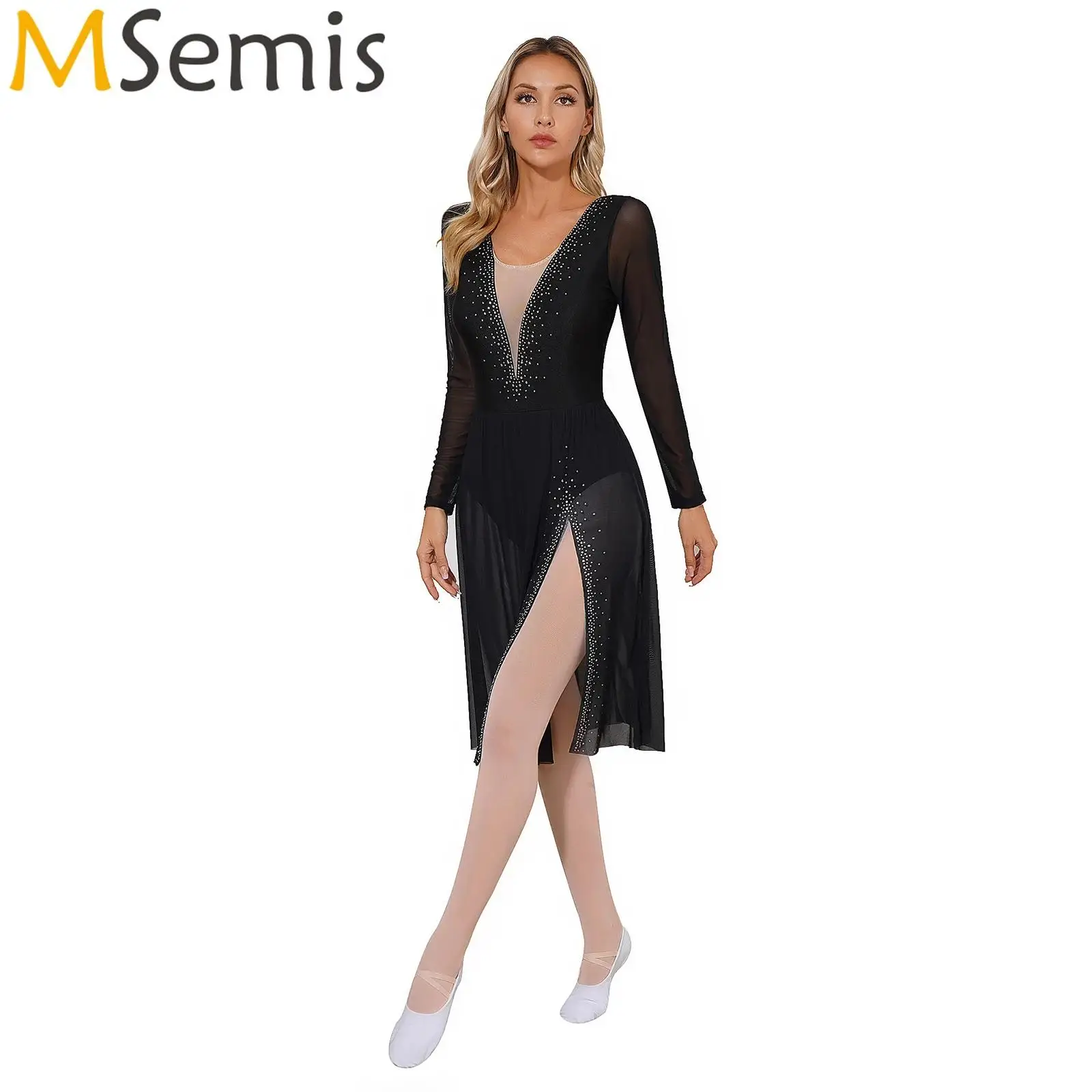 

Womens Mesh Long Sleeve Lyrical Dance Dress Rhinestones Side Split Ballet Latin Dancewear Leotard Dresses for Stage Performance