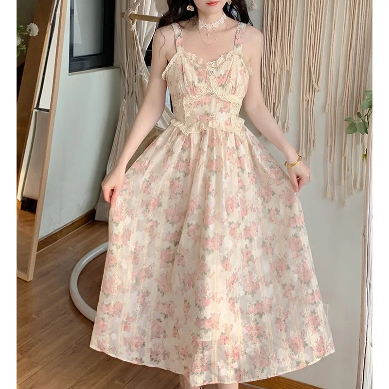 

2023 New Summer Fashion Gentle High Waist Embroidery Exquisite Lace Hollow Wide Strap Small Fresh Fairy Style Long Dress