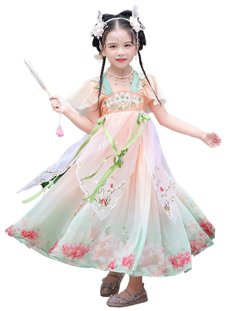 

Hanfu Girls Summer Thin Style 2024 New Children's Ancient Short Sleeved Skirt Tang Dynasty Super Immortal Chinese Dress Printin