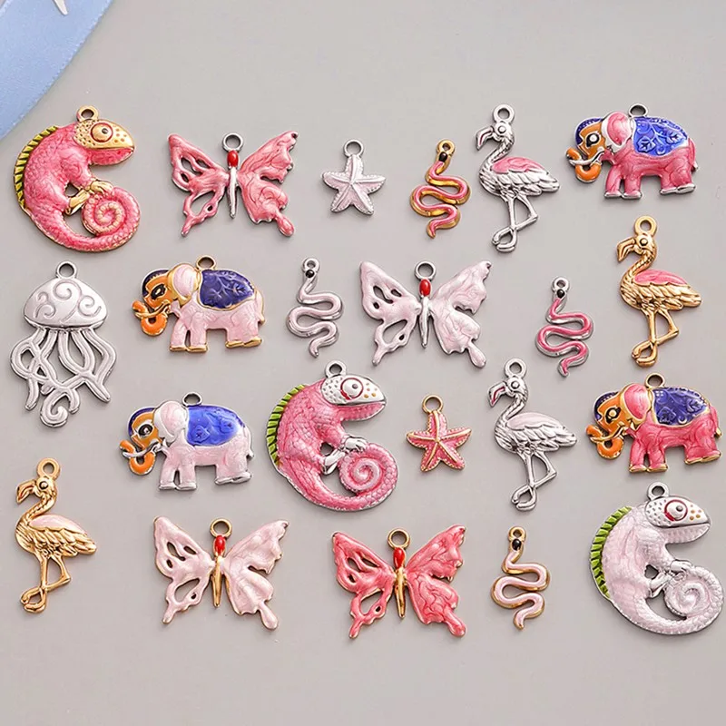 6 Stück Großhandel Rosa/Pinkfarbene Emaille-Tieranhänger Flamingo Schmetterling Seestern Edelstahl-Charms für Schmuckherstellung Halskette