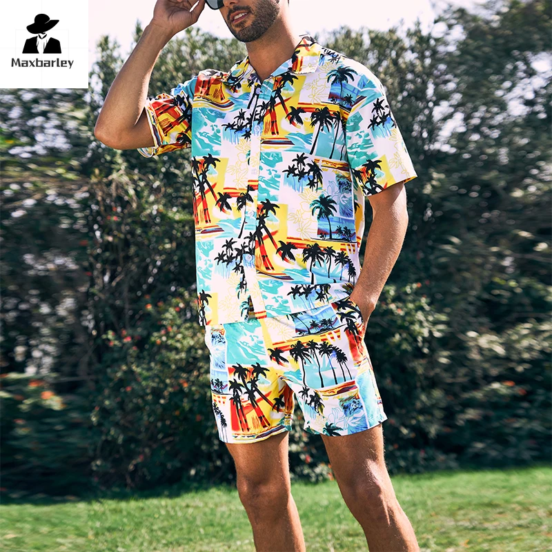 Hawaii Beach Suit Men's Quick-dry Printed Short-sleeved Shirt + Shorts Suit Summer Fashion Vacation Travel Swimming 2-piece Set