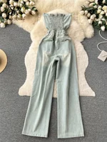 SINGREINY American Retro Streetwear Denim Jumpsuits Zipper Pocket High Waist Wide Legs Ripped Pants Summer Women Slim Rompers - Image 2