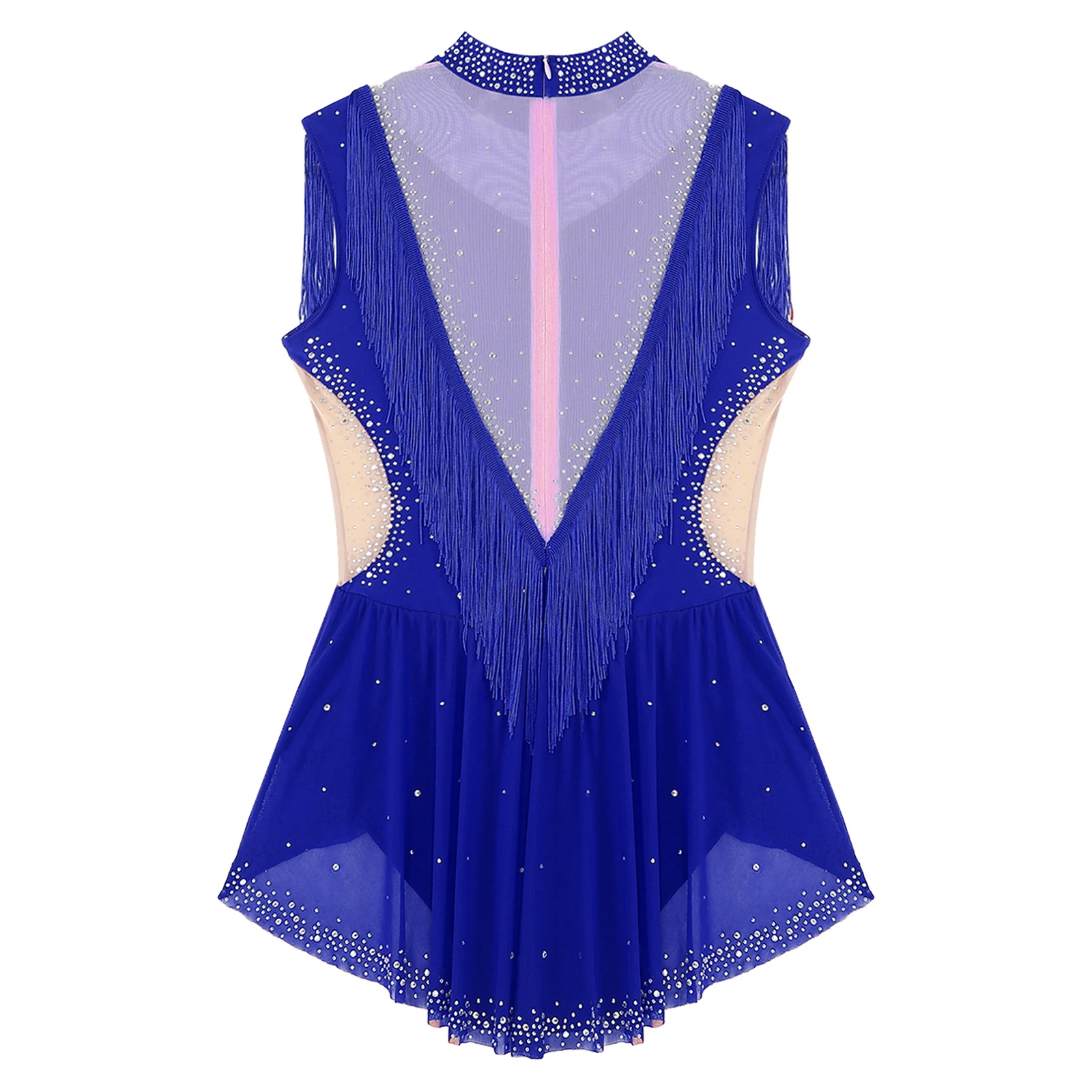 Frauen Ballett Gymnastik Trikot Eiskunstlauf Lyrical Latin Dance Kleid Ärmellose Strass Mesh Quaste Body Dancewear – Detail 13