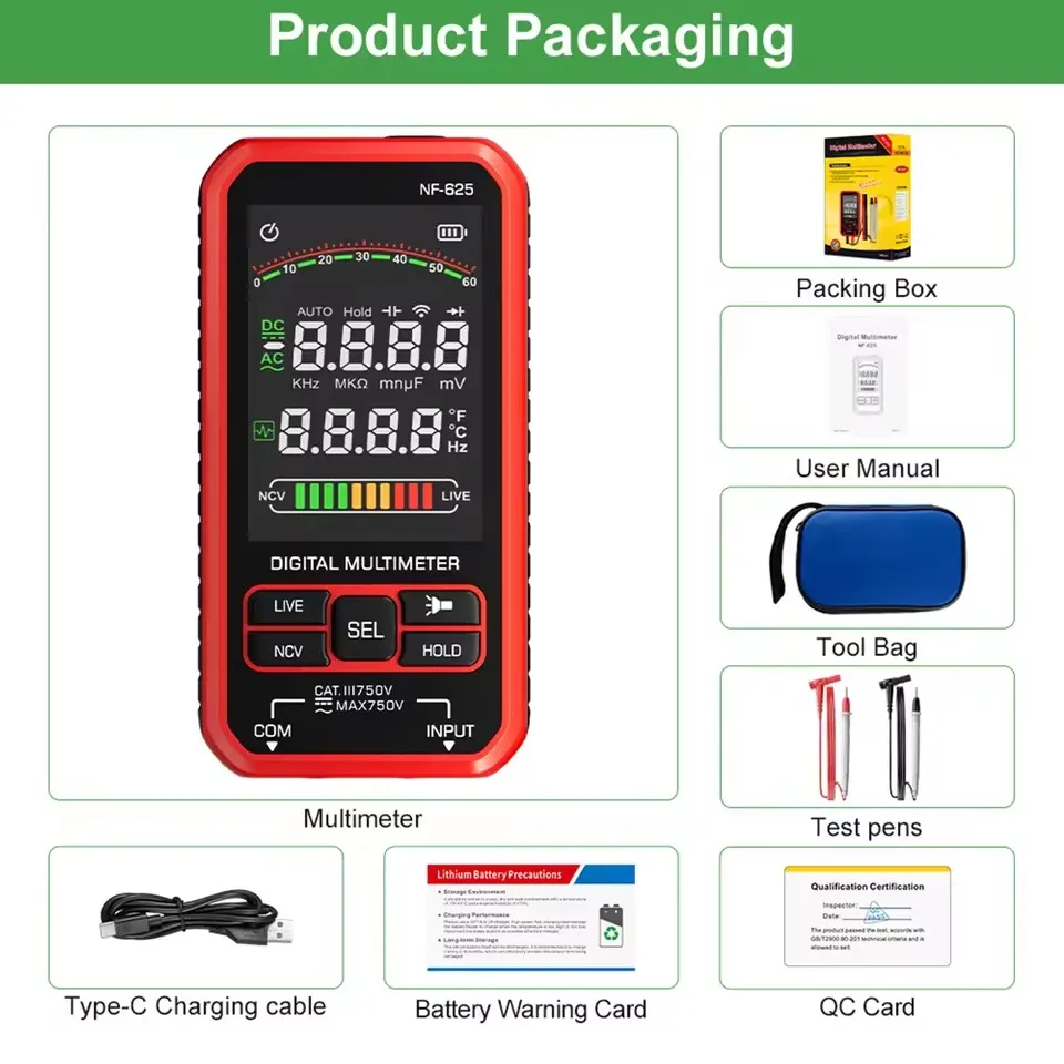 NF-625 Smart Digital Multimeter, 6000 Counts, Rechargeable Multitester with Larg