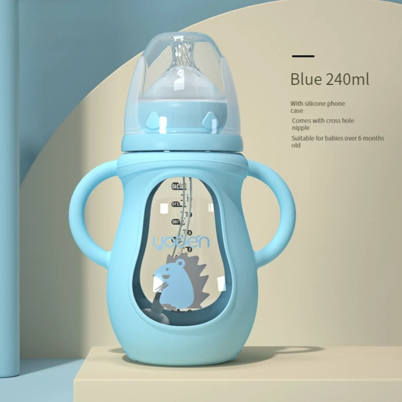 Glass Baby Bottle with Straw Wide Mouth Silicone Handle Shatter Resistant Autoclavable BPA Free glass milk bottle milk bottle water bottle feeding bottle