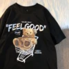 Trendy Bear Print ort Sve Loose Fit Women's T-irt Summer Vintage High Street Hip Hop Student f Sve Top INS Sle