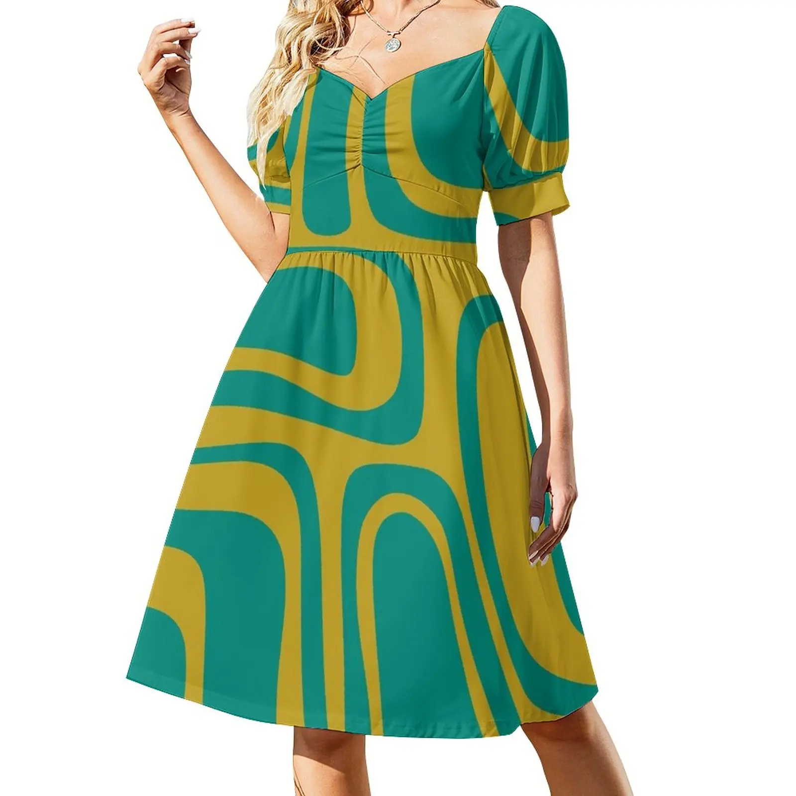 

Palm Springs Retro Midcentury Modern Abstract Pattern in Mid Mod Turquoise Teal and Mustard Dress evening dress woman