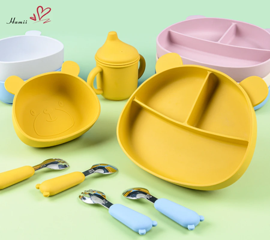 

Детская силиконовая Тарелка на присоске, милая детская тарелка, Детская тренировочная вилка, ложка, Детская обучающая тарелка, посуда