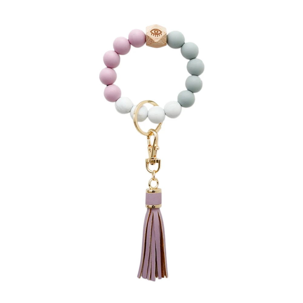 

Silicone Wristlet Keychain Bracelet Car Beaded Key Ring Tassel Keychain Beaded Bangle for Women - C