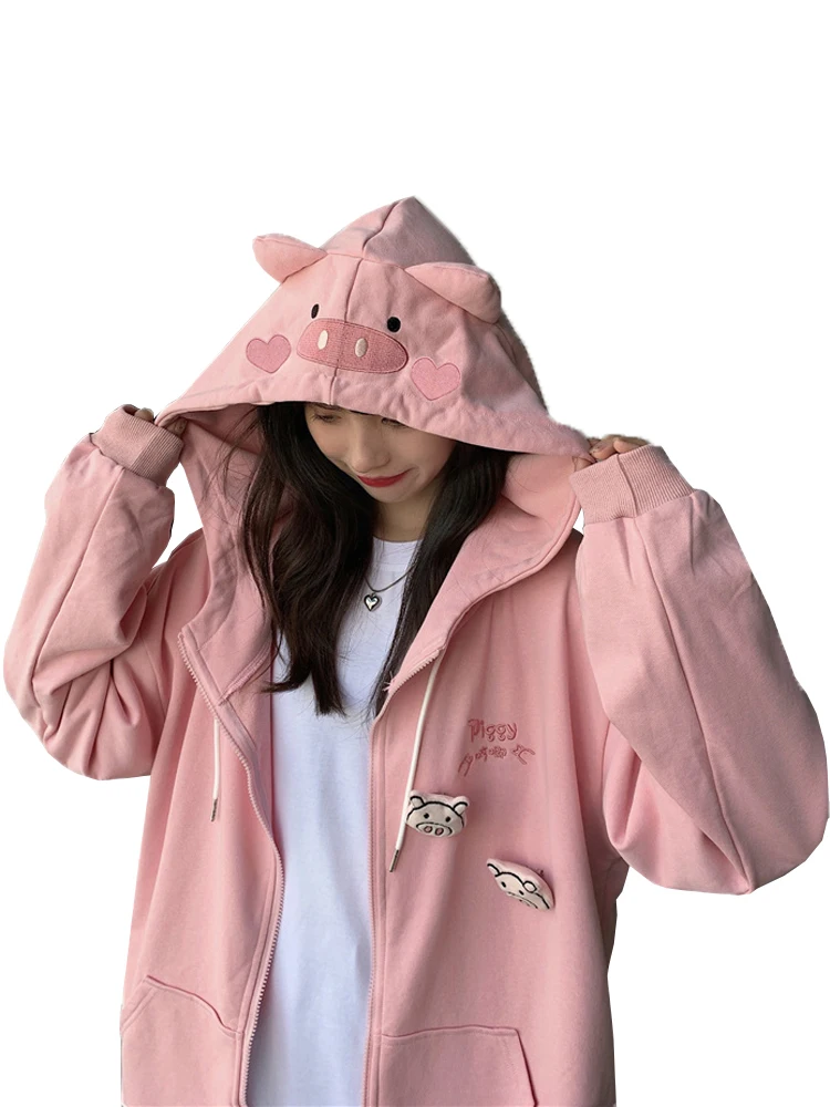 

2022 Autumn Cute Hooded Teen Girls Coat Korean Fashion BF Lazy Wind Loose Zipper Jacket Winter Casual School Long Sleeve Outwear