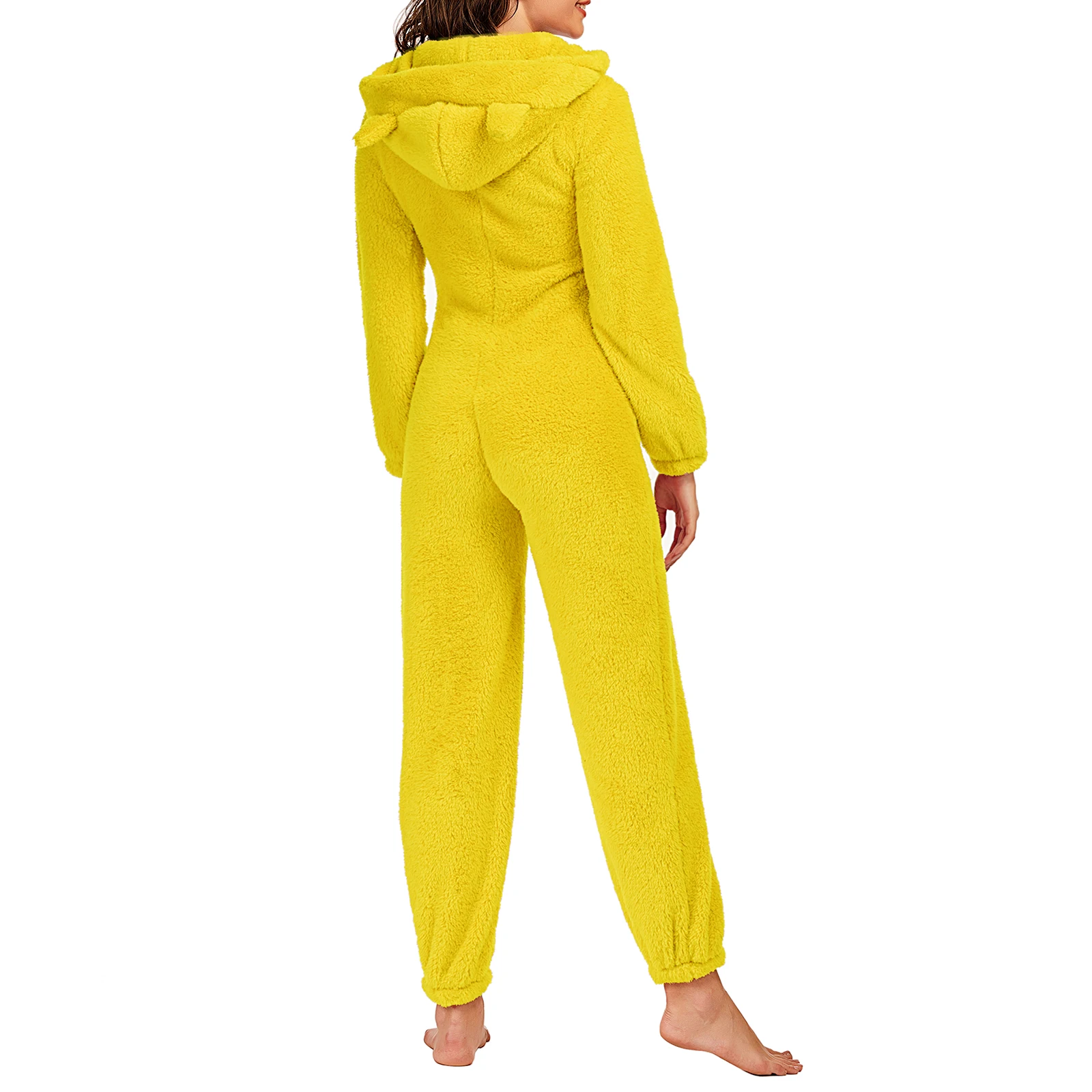 Women's Solid Color Plush Romper Winter Warm Pajamas Loose Long-Sleeve Zipper Hooded Home Wear