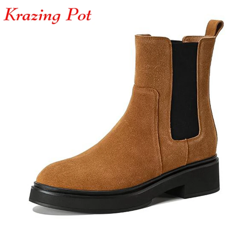 

Krazing Pot Cow Leather Punk Style Round Toe Winter Warm Chelsea Boots Med Heels Slip On Dating Vintage Ins Platform Ankle Boots