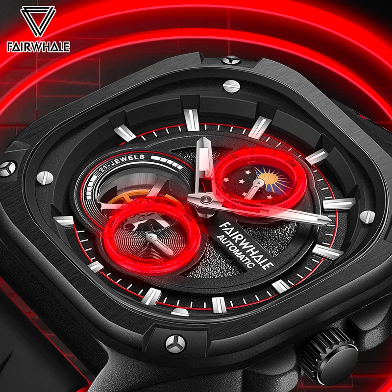 Luxury Moon Phase Automatic Man Watch Fashion Tourbillon Mechanical Watches for Men Black Square Stainless Steel montre Dropship