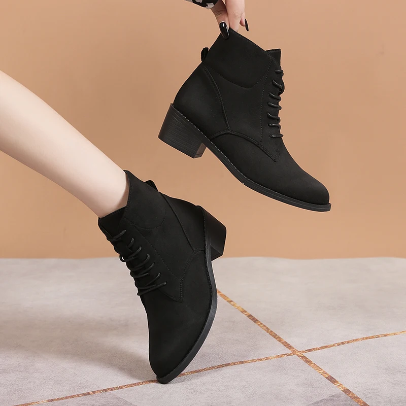

Shoes for Women 2024 Hot Sale Lace Up Women's Boots Winter Pointed Toe Solid Flock Short Barrel Chunky Heels Fashion Boots Women