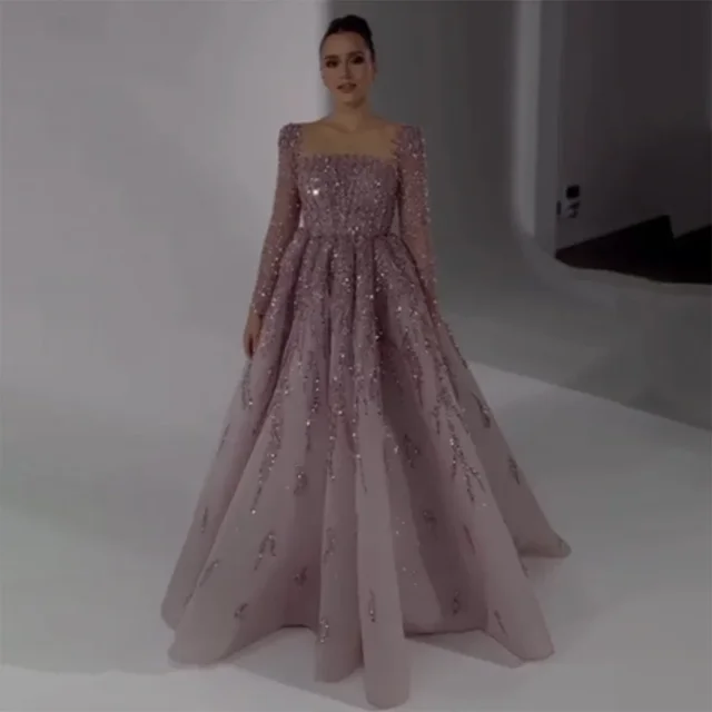 Wasisi Customized Muslim Pink A Line Beaded Luxury Dubai Long Evening Dresses Gowns 2025  For Woman Wedding Party ELA71915 1