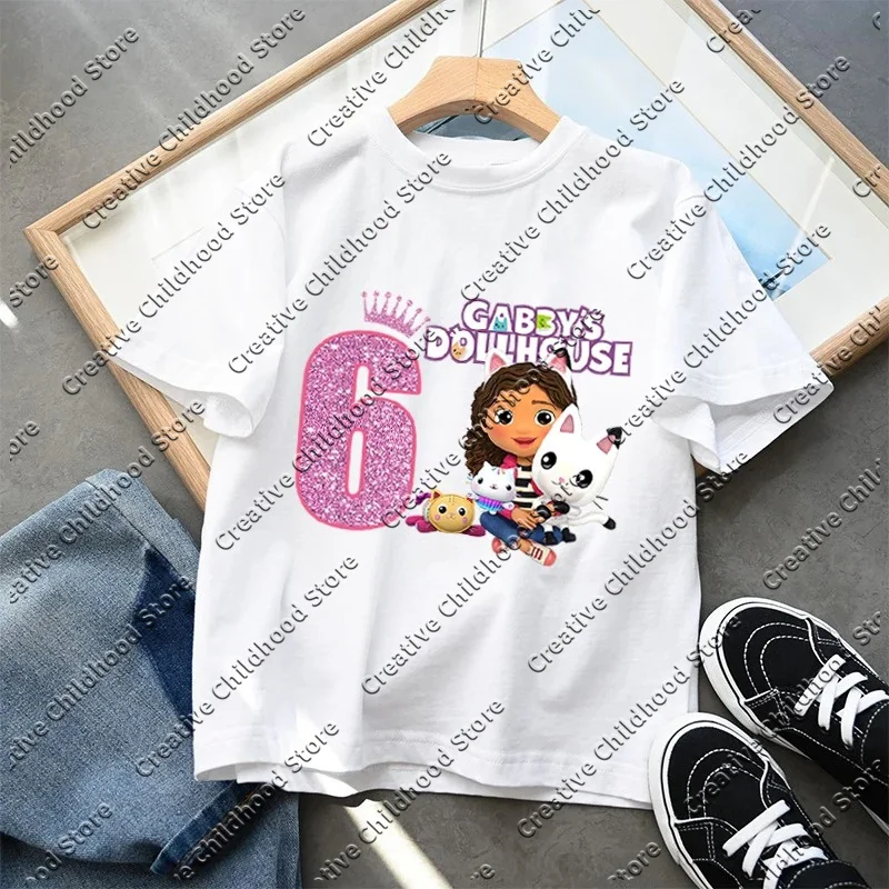 Gabby Dollhouse Kids Cotton T-Shirt Anime Cartoon Numbers Printed Pullover Boys Girls Summer Loose Top Casual Clothes Gifts New 4