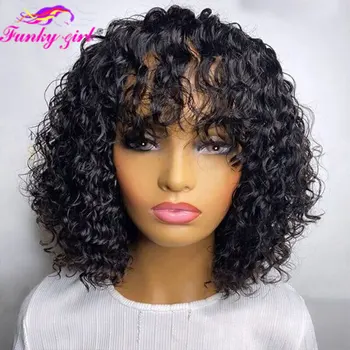 Parrucca corta per capelli umani ricci Bob con frangia Parrucche ricci taglio Pixie Bob Onda d'acqua Parrucche economiche nere naturali a macchina completa per le donne