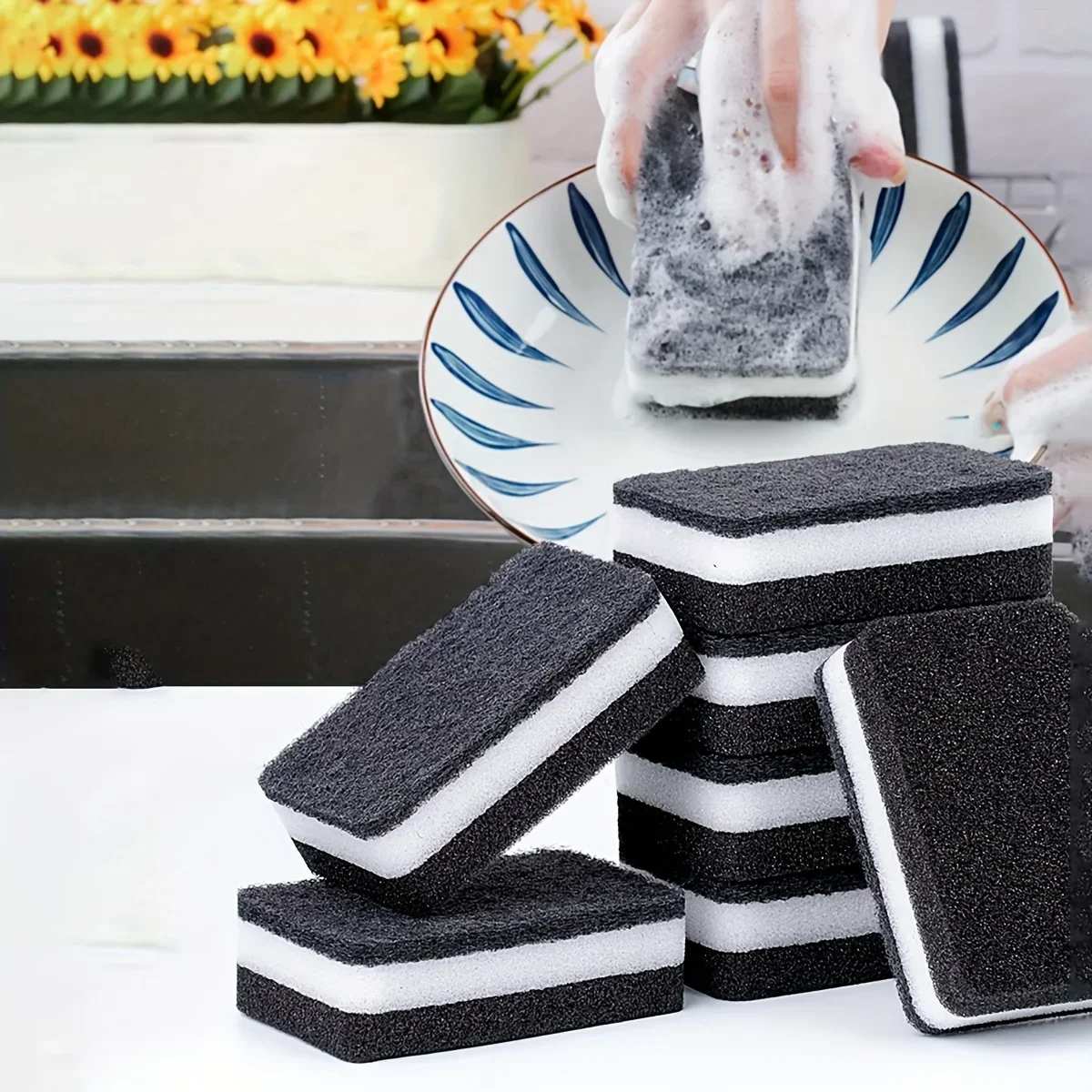 Thickened Double-sided Dishwashing Sponge Black Sandwiched White Stain Removal Scouring Cloth Cleaning of Pots Bowls Sinks Rag