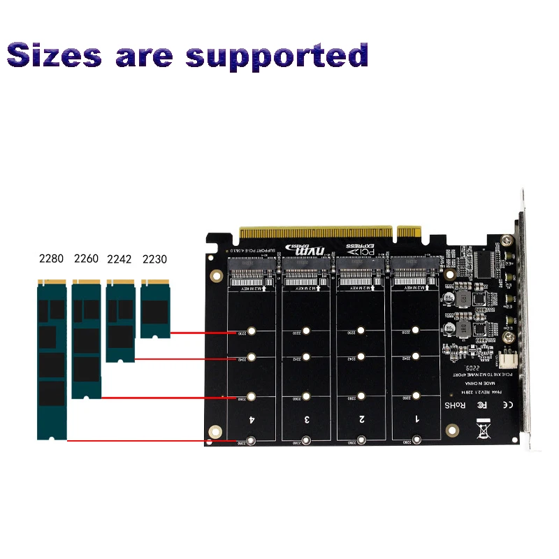 M.2 expansion card High-speed four-channel M.2 NVME PCIE 3.0 4.0 transmission protocol 4x32Gbps PCIE RAID support 2230 2242 2260 228