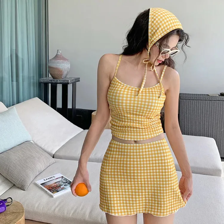 New 2025 Yellow Bikini Women's Conservative Skirt Sle Four Piece Set Small Chest Gathered Plaid Two Piece Swimsuit