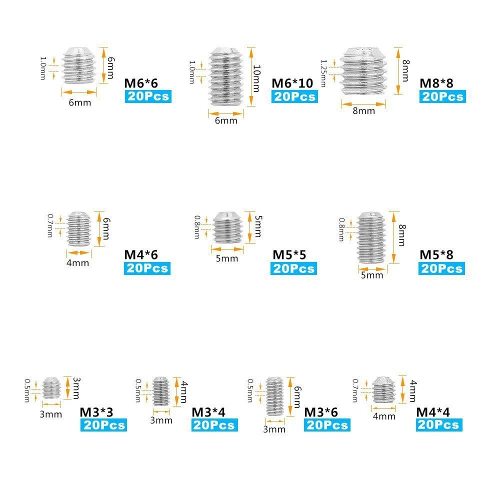 200 피스 스테인레스 스틸 알렌 키 스크류 세트 (10 개 사이즈 포함) M3/M4/M5/M6/M8 육각 드라이브 컵 팁 로케이터 나사
