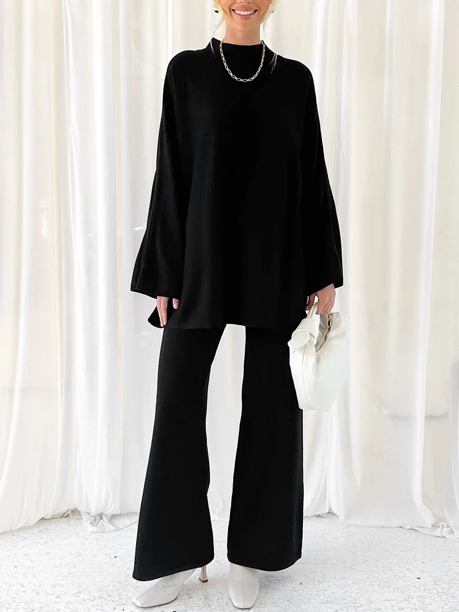 

Women Casual Knitted Two Piece Set Vintage Oversized Sweater with Wide Leg Pants Knitwear 2Pcs Clothes Set Streetwear