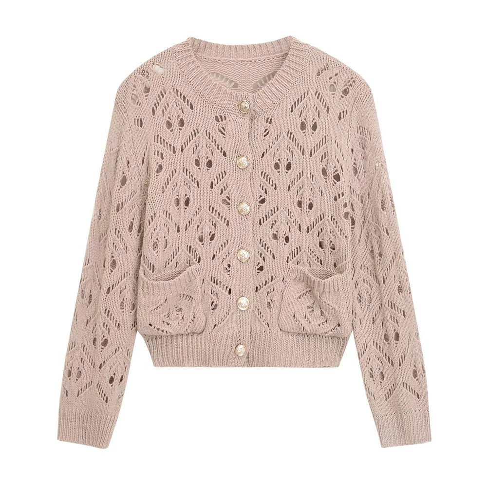 Round Neck Hollow Jacquard Mesh Knitted Coat