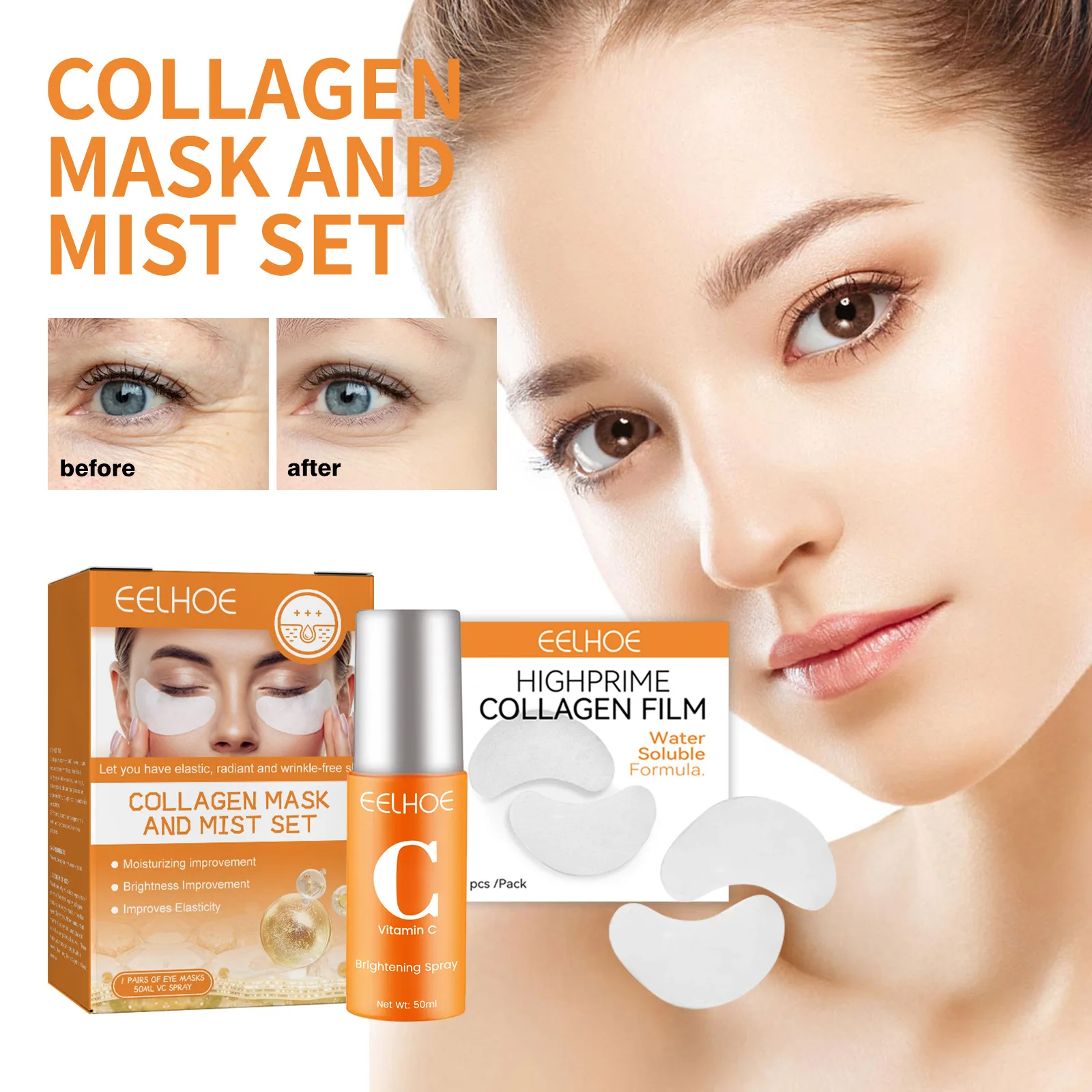 

Collagen Film & Mist Kit Facial Skin Care Suit Vitamin C Highprime Collagen Soluble Anti-aging Eyes Mask Skin Care For Women