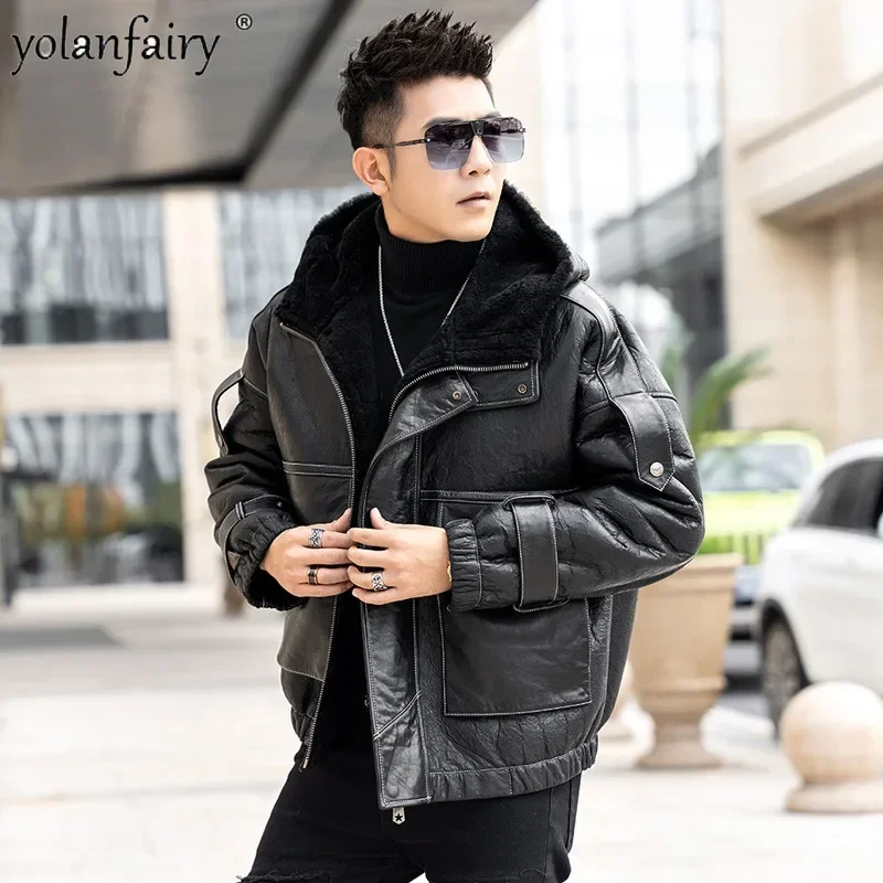 Original Natural Fur Coat Men's Leather Jacket Short Hooded Fur