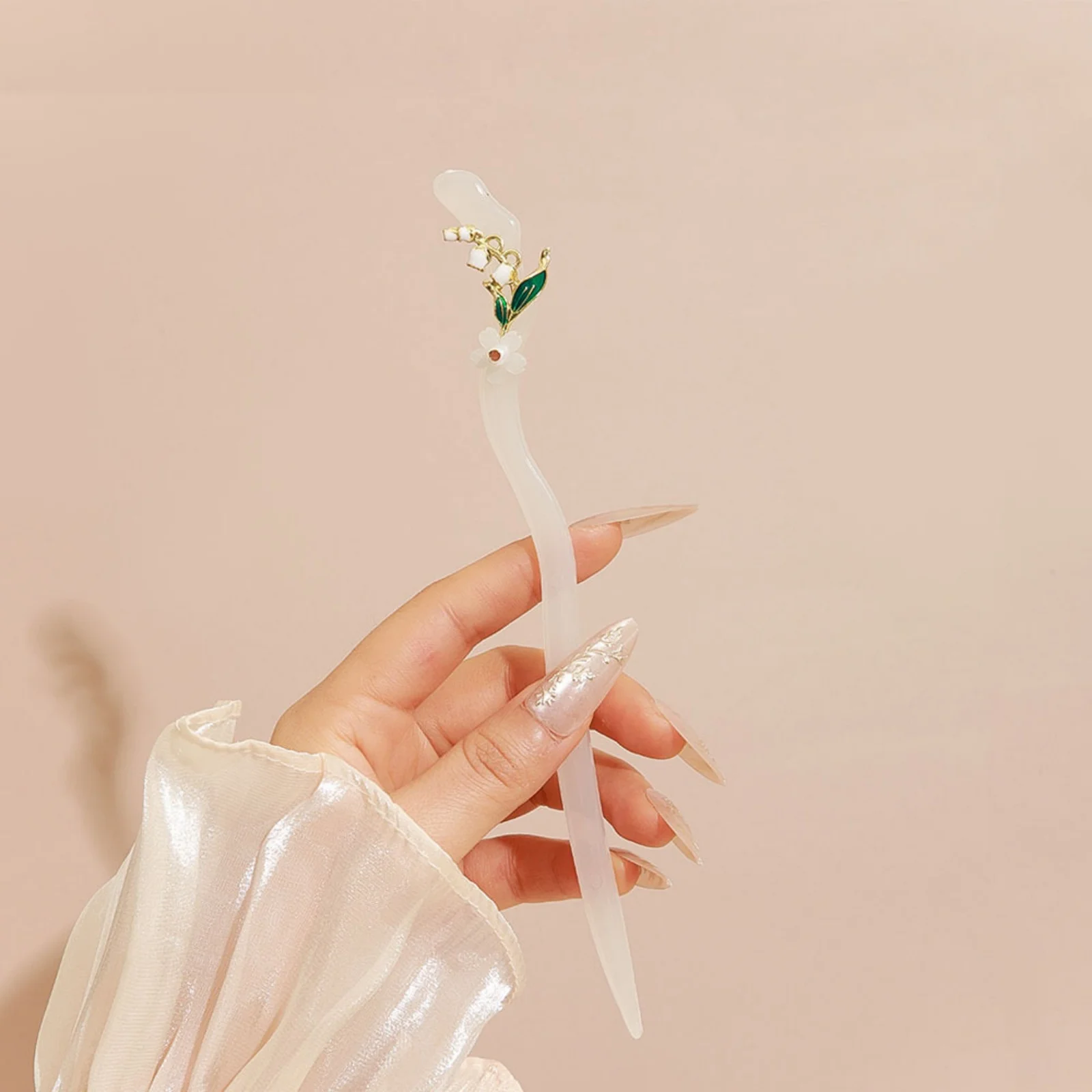 1PC Green & White Floral Hair Sticks, Jade - Like Hairpins Set, Perfect for Women's Delicate & Graceful Updos