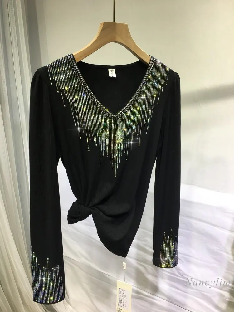 

Heavy Rhinestone Embroidery Bottoming T Shirt Women's Brushed Show Thin Black V-neck Top Cotton Long-Sleeved T-shirt 2023 Spring