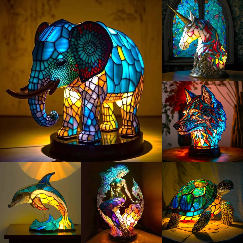 FkYstrix Retro Stained Resin Animal Table Lamp,Animal Table