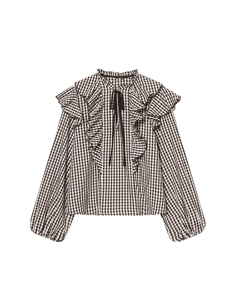 Elegant Women Fashion Plaid Ruffles Shirt Spring Ruffled Neck Long Sleeve Loose Tops Fashion Casual Pullover Women's Clothing