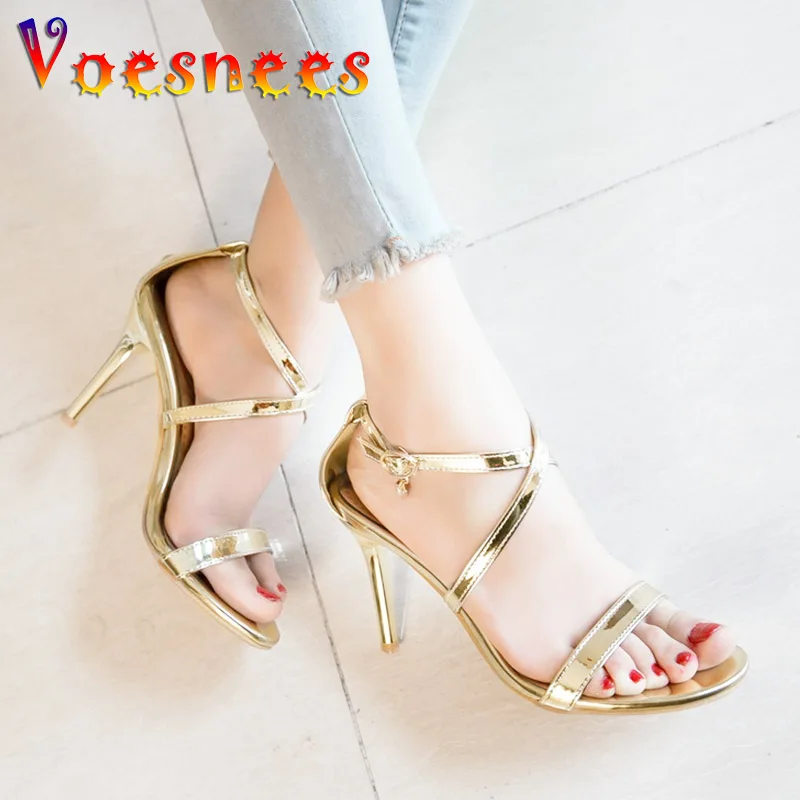 

Gold Thin Band High Heels Wedding Sandals 2023 Summer Gladiator Party Shoes Sandalias Women's Ankle Straps Patent Leather Pumps