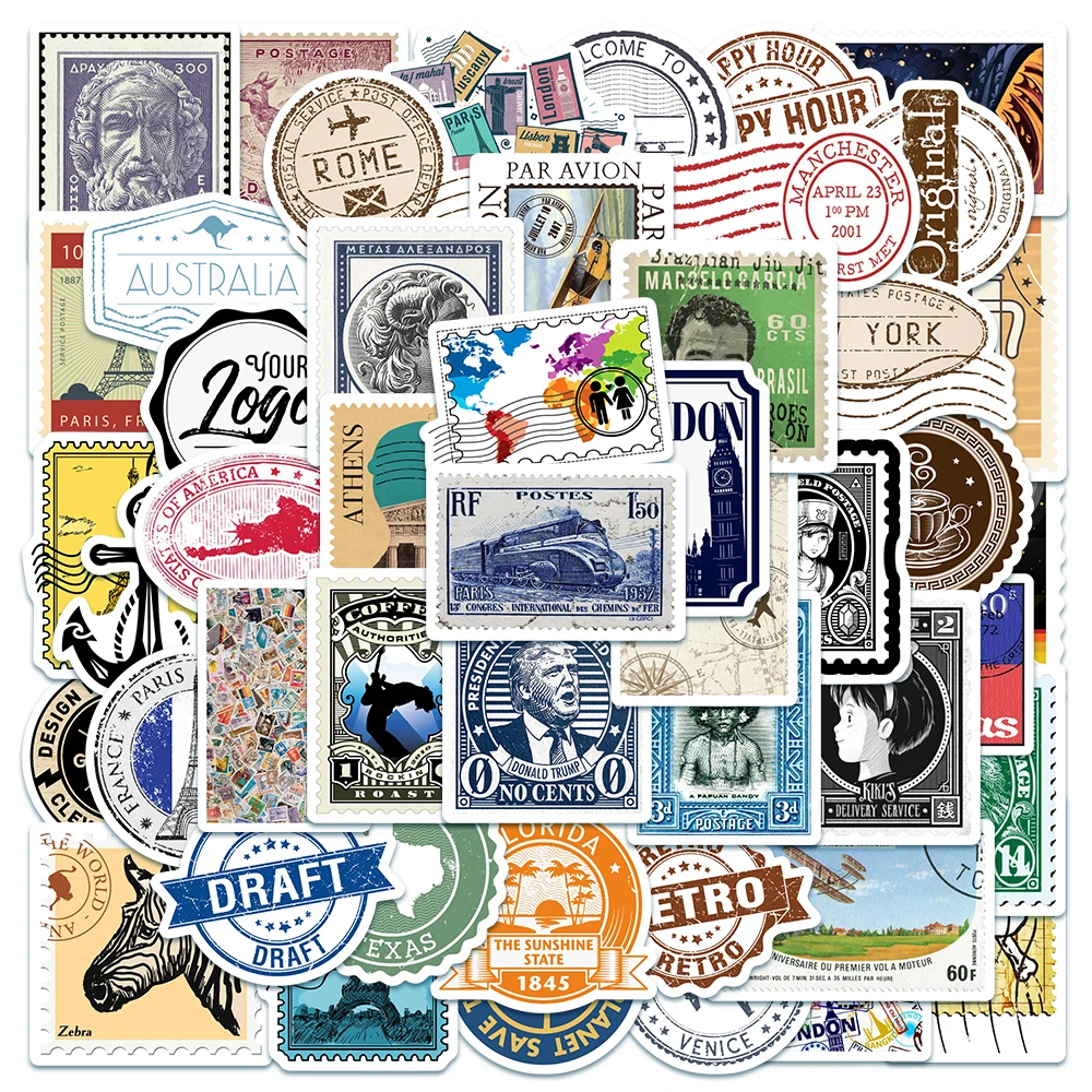 

10/50Pcs Vintage Postage Stamp Stickers Retro Decals For Luggage Guitar Cars Helmet Laptop Graffiti Stickers Kid Toys