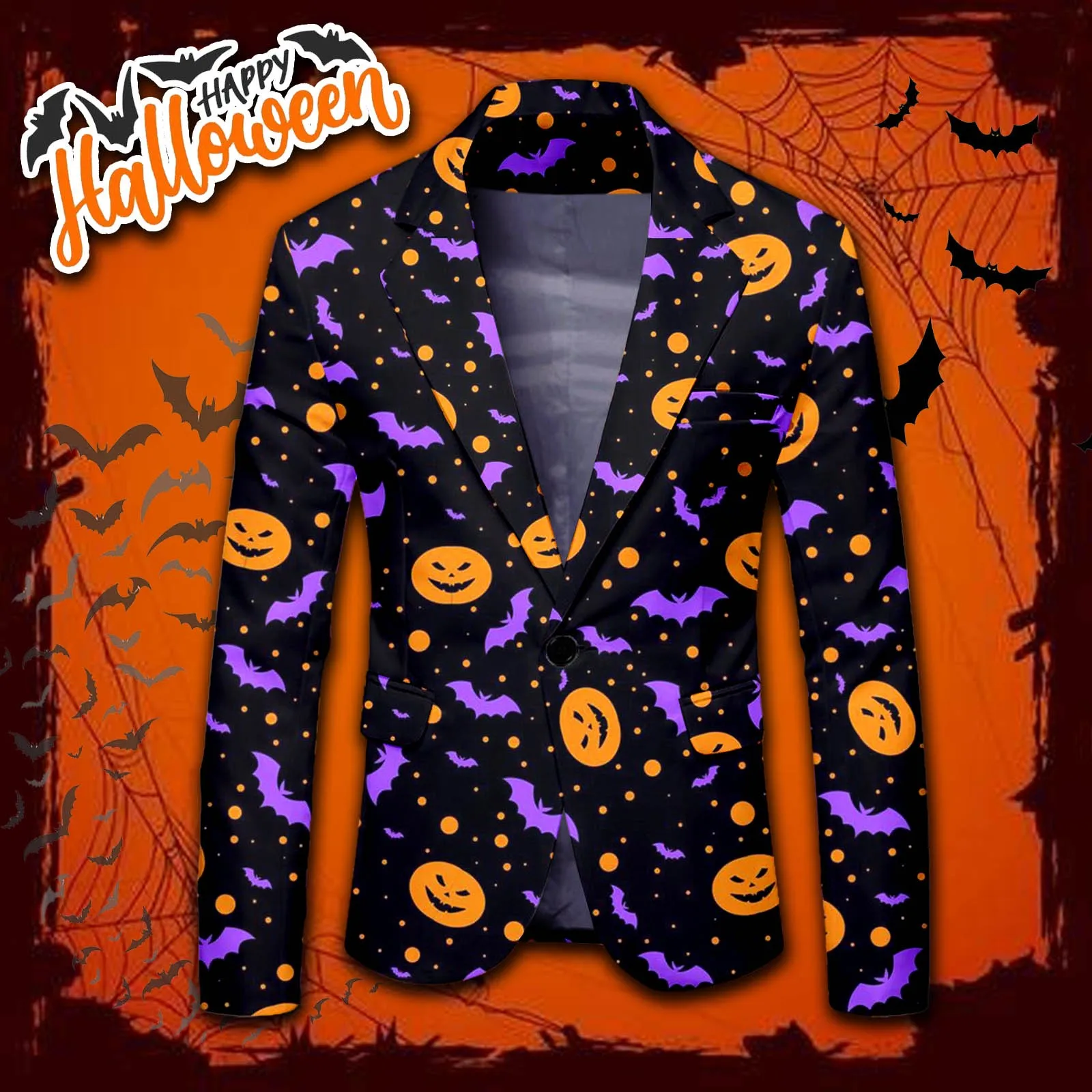 Halloween Theme Pumpkin Print One Button Suit Autumn Long Sleeved Cosplay Jacket Casaul Lapel Neck Pocket Blazer for Men men blazers