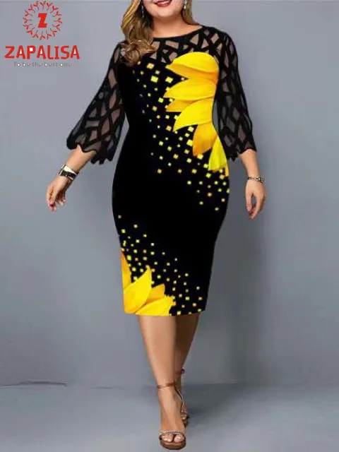 Plus Size Elegant Print Pencil Dress for Office Lady Patchwork Design Lace Decor O-Neck Flare Sleeve Mid Waist Slim Hips Dress 3