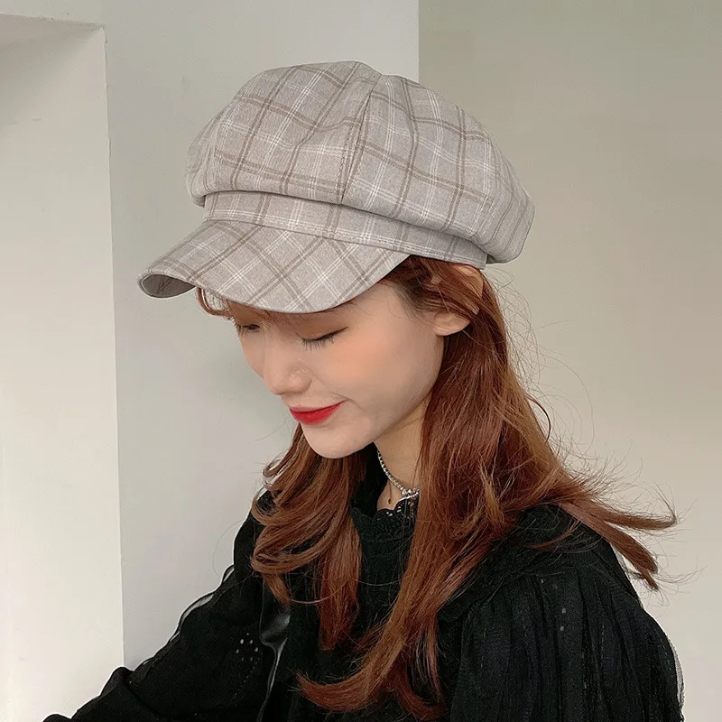 Women Beret Spring Summer Korean Style Striped Octagonal Cap Plaid Newsboy Cap Sun Hat