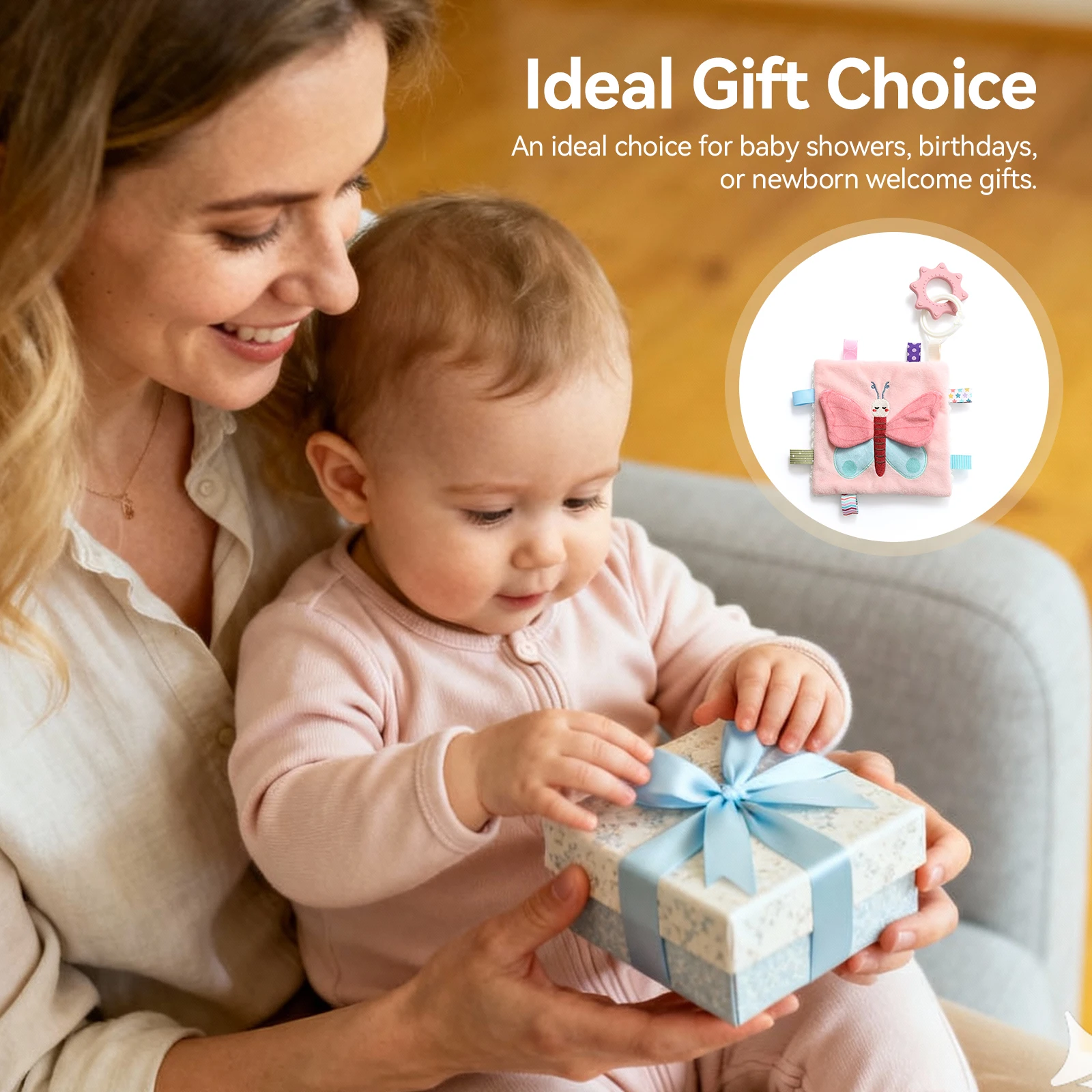Copertina Sensoriale Baby Bee con Massaggiagengive, Morbida Copertina di Sicurezza in Peluche per Neonati, Giocattolo da Appendere al Passeggino per 0-24 Mesi - immagine 2