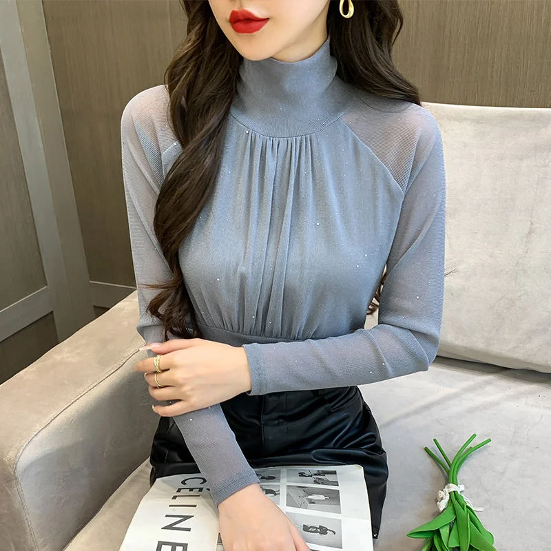 

Underlay t shirt with autumn and winter new solid long-sleeved high-necked blouse women shiny foreign solid t shirt female tops