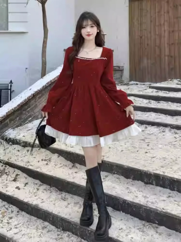 Large Sparkling New Year's Red Velvet Dress Women's Spring Autumn Style  High End Annual Meeting Party Long And Short Vestidos - AliExpress 200000345