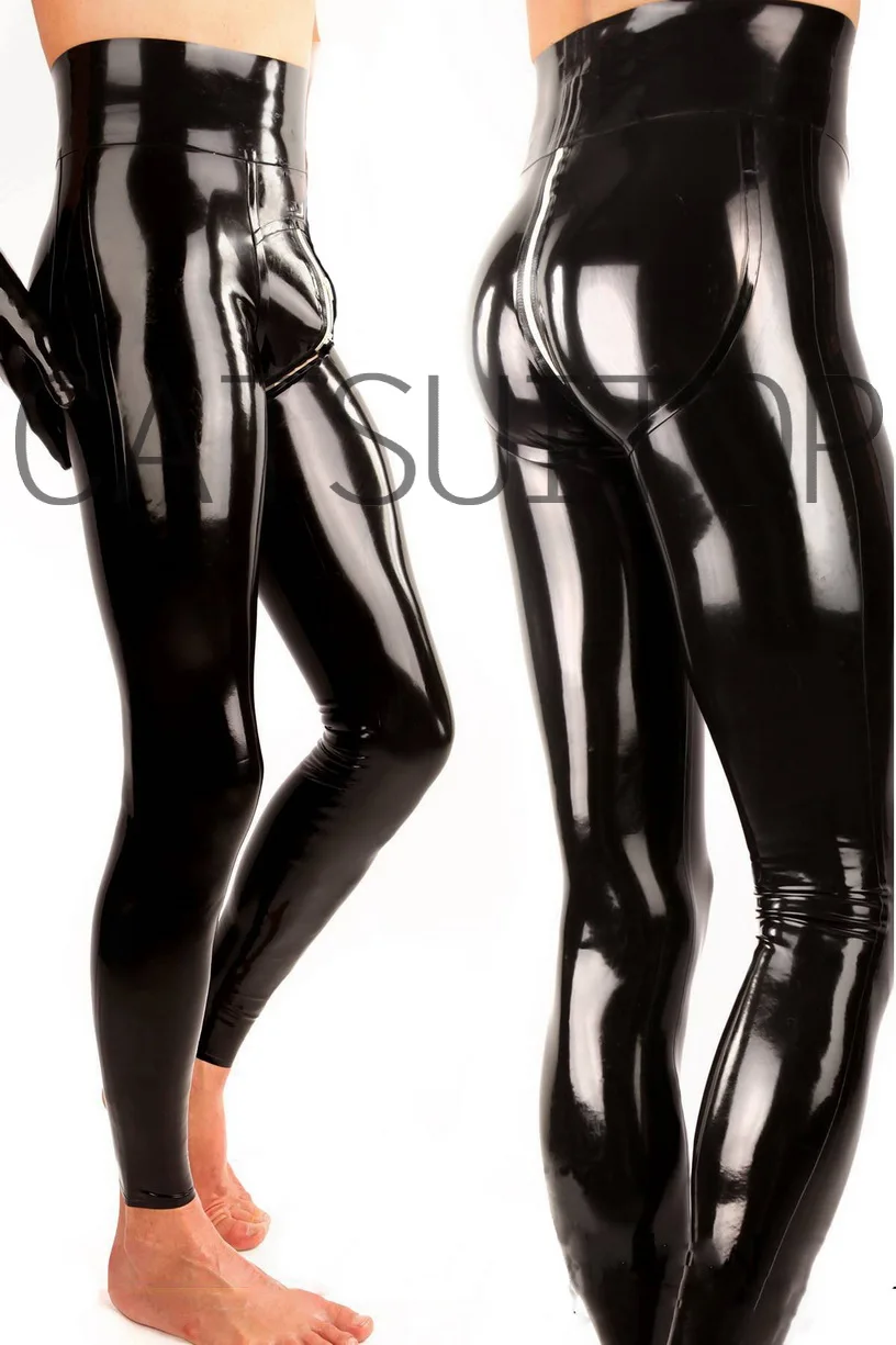 CATSUITOP New men Latex rubber pants with crotch zippers with high waist 3D cutting in black without gloves