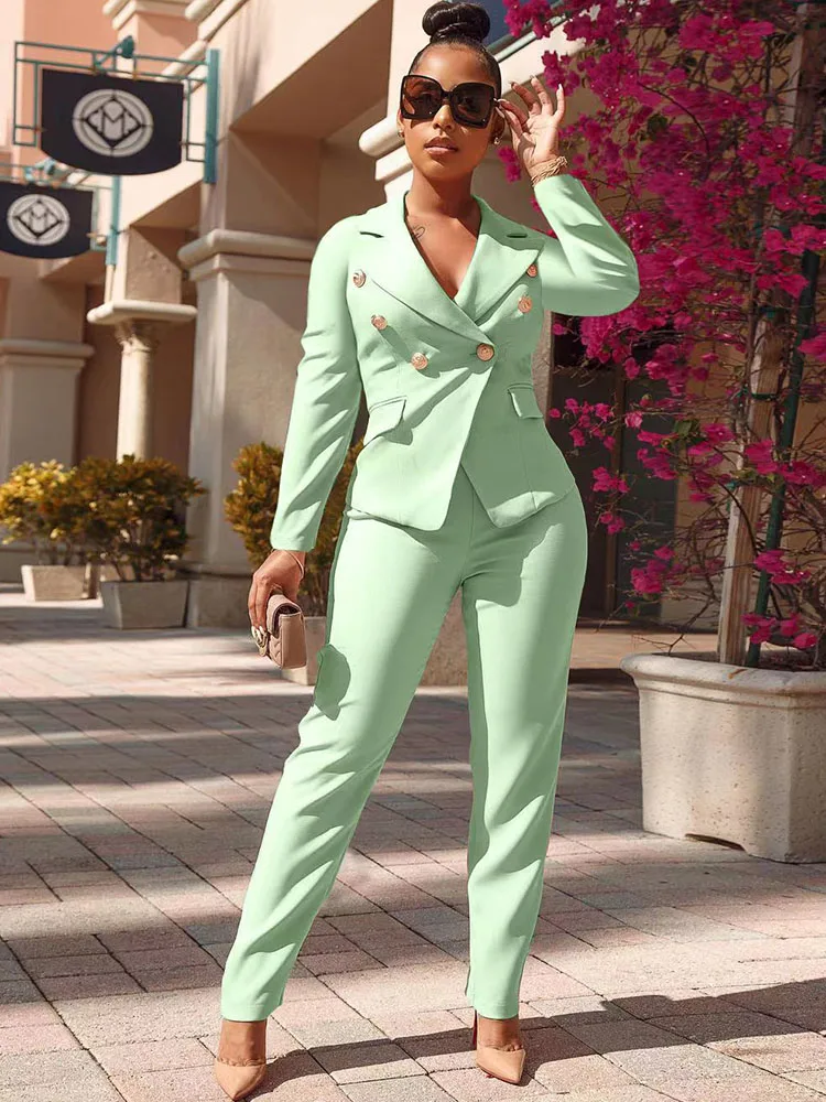 Elegant Office Lady Two Piece Set for Women Long Sleeve Double Breasted Blazer Coat and Pencil Pant Suits Matching Sets Uniform